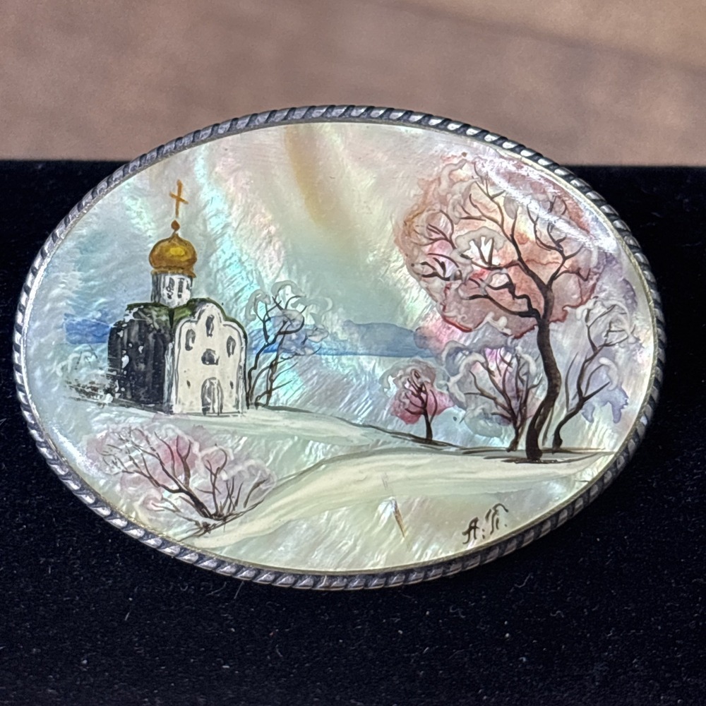 Vintage Russian Mother of Pearl Brooch Hand Painted Winter Church C Clasp